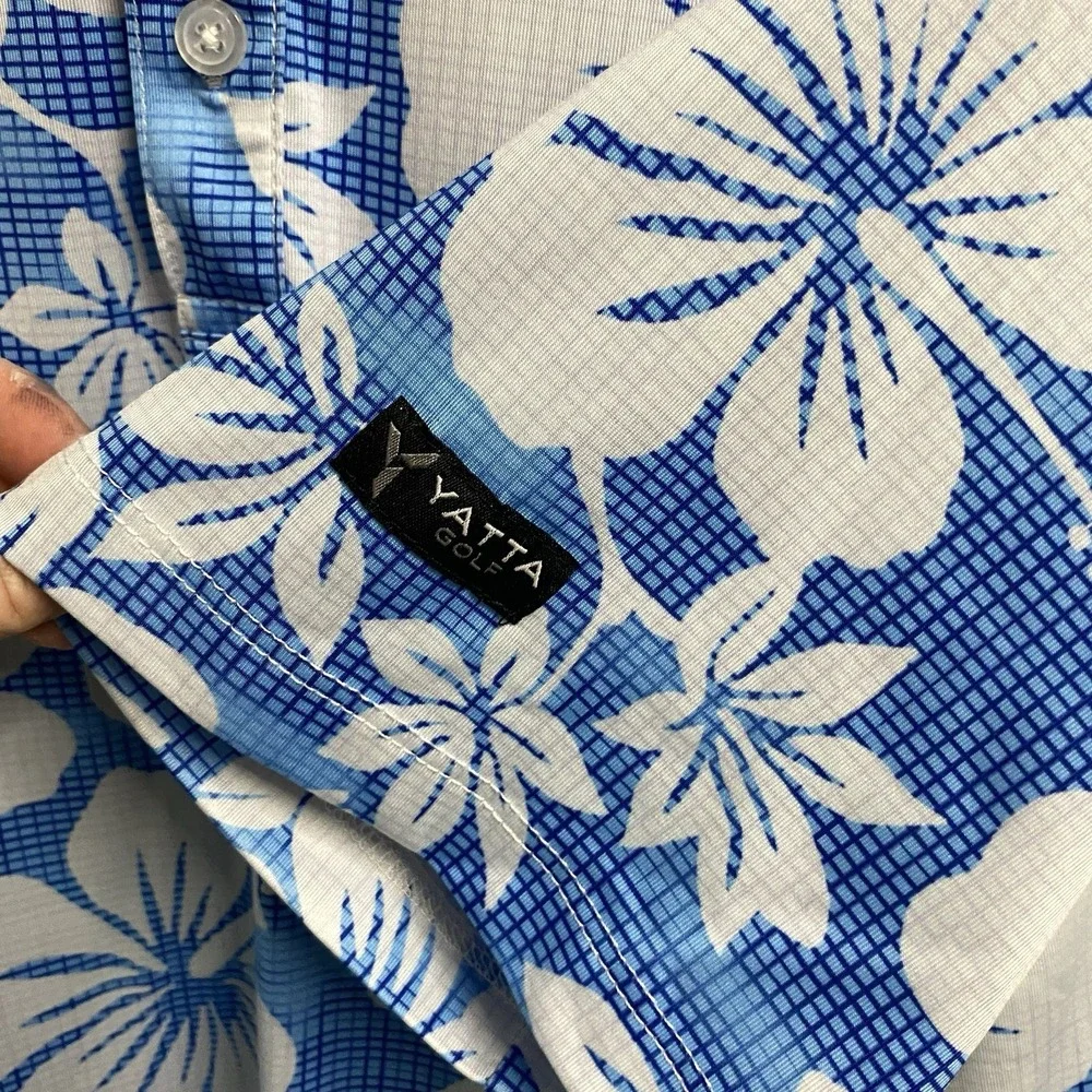 Yatta Golf Polo Men's Aloha Floral Blue&White Stretch Polo Hawaiian EUC L‎